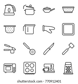 Thin line icon set : kettle, steam pan, colander, measuring cup, cook glove, cutting board, garlic clasp, skimmer, knife, meat hammer, grill oven, hob, coffee maker, grater