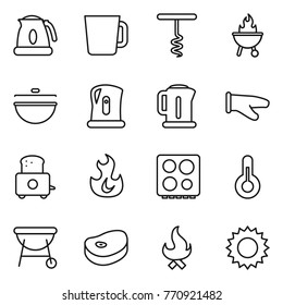Thin line icon set : kettle, cup, corkscrew, bbq, cauldron, cook glove, toaster, fire, hob, thermometer, steake, sun