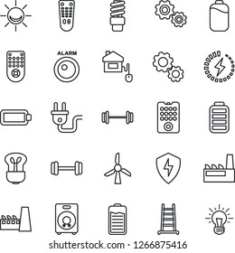 Thin Line Icon Set - ladder vector, barbell, remote control, speaker, battery, protect, charge, factory, home, power plug, bulb, energy saving, windmill, alarm led, gear, idea