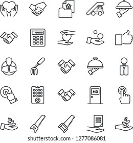 Thin Line Icon Set - ladder car vector, medical room, handshake, document, garden fork, saw, heart hand, client, touch screen, finger up, estate, waiter, remote control, combination lock, investment