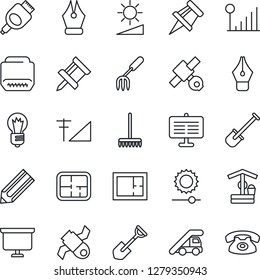 Thin Line Icon Set - ladder car vector, presentation board, bulb, pencil, garden fork, shovel, rake, well, satellite, hdmi, brightness, cellular signal, drawing pin, ink pen, plan, phone