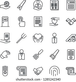 Thin Line Icon Set - ladder car vector, medical room, handshake, document, garden fork, farm, glove, saw, heart hand, client, touch screen, fingerprint id, contract, waiter, remote control