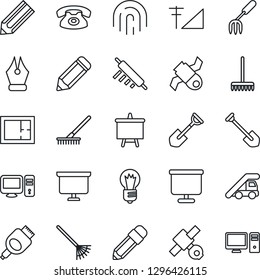 Thin Line Icon Set - ladder car vector, presentation board, bulb, job, pencil, garden fork, shovel, rake, satellite, hdmi, fingerprint id, cellular signal, ink pen, plan, phone, rolling pin, pc