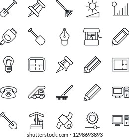 Thin Line Icon Set - ladder car vector, drawing pin, bulb, job, pencil, shovel, rake, well, satellite, hdmi, brightness, cellular signal, ink pen, plan, phone, pc