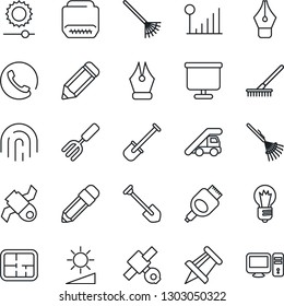 Thin Line Icon Set - ladder car vector, drawing pin, bulb, job, pencil, garden fork, shovel, rake, satellite, hdmi, brightness, fingerprint id, cellular signal, presentation board, ink pen, plan, pc