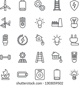 Thin Line Icon Set - ladder vector, fire, barbell, remote control, speaker, low battery, protect, charge, sun panel, windmill, factory, home, power plug, bulb, energy saving, gear, idea