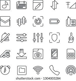 Thin Line Icon Set - ladder car vector, term, radio phone, mobile, call, tuning, themes, alarm, mail, sim, folder, notes, data exchange, download, wireless, mute, face id, eye, music, photo gallery