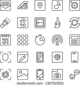 Thin Line Icon Set - ladder car vector, mobile phone, antenna, cell, back, menu, camera, gallery, themes, calculator, stopwatch, mail, scanner, calendar, notes, torch, bluetooth, place tag, face id