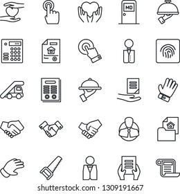 Thin Line Icon Set - ladder car vector, medical room, handshake, document, glove, saw, heart hand, client, touch screen, fingerprint id, contract, estate, waiter, combination lock