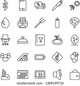 Thin Line Icon Set - ladder car vector, notebook pc, farm fork, water drop, pond, real heart, cell phone, radio, group, bluetooth, battery, calendar, office chair, printer, pen, fruit tree, moving