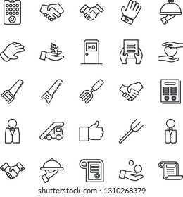 Thin Line Icon Set - ladder car vector, medical room, handshake, document, garden fork, farm, glove, saw, heart hand, finger up, contract, waiter, remote control, palm sproute, investment