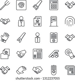 Thin Line Icon Set - ladder car vector, medical room, handshake, farm fork, glove, saw, touch screen, fingerprint id, estate document, waiter, remote control, combination lock, contract