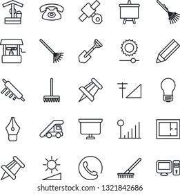 Thin Line Icon Set - ladder car vector, presentation board, drawing pin, bulb, shovel, rake, well, satellite, brightness, cellular signal, ink pen, pencil, plan, phone, rolling, pc