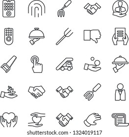 Thin Line Icon Set - ladder car vector, handshake, document, garden fork, farm, glove, saw, heart hand, client, touch screen, finger down, fingerprint id, waiter, remote control, palm sproute