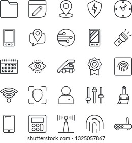 Thin Line Icon Set - ladder car vector, mobile tracking, antenna, cell phone, protect, tuning, themes, user, calculator, clock, network, folder, notes, wireless, torch, place tag, face id, eye