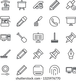 Thin Line Icon Set - ladder car vector, presentation board, drawing pin, job, pencil, garden fork, rake, well, satellite, hdmi, brightness, fingerprint id, ink pen, phone, pc