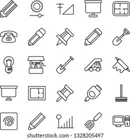 Thin Line Icon Set - ladder car vector, presentation board, drawing pin, bulb, pencil, garden fork, shovel, rake, well, hdmi, brightness, fingerprint id, cellular signal, plan, phone, rolling, pc