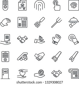 Thin Line Icon Set - ladder car vector, medical room, handshake, document, garden fork, farm, glove, saw, heart hand, touch screen, fingerprint id, estate, waiter, remote control, combination lock