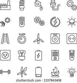 Thin Line Icon Set - ladder vector, fire, barbell, remote control, speaker, low battery, charge, windmill, factory, home, socket, power plug, bulb, energy saving, sun panel, alarm led, gear, idea