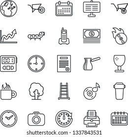 Thin Line Icon Set - ladder vector, tree, wheelbarrow, caterpillar, cash, office phone, fragile, flame disk, camera, stopwatch, music, clock, presentation board, printer, contract, coffee, turkish
