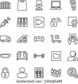 Thin Line Icon Set - ladder car vector, office chair, team, document, syringe, blood test vial, barbell, patient, delivery, no trolley, hook, laptop pc, fast forward, folder, lock, sertificate
