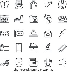 Thin Line Icon Set - ladder car vector, pedestal, document, pencil, pruner, butterfly, house, dropper, client, oil barrel, flame disk, video camera, microphone, phone back, calendar, news, sale