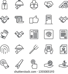 Thin Line Icon Set - ladder car vector, medical room, handshake, document, farm fork, glove, saw, client, touch screen, finger up, fingerprint id, contract, estate, waiter, combination lock