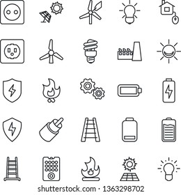 Thin Line Icon Set - ladder vector, fire, battery, low, rca, protect, charge, sun panel, windmill, factory, home control, socket, remote, bulb, energy saving, alarm led, gear, idea