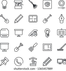 Thin Line Icon Set - ladder car vector, presentation board, bulb, job, pencil, garden fork, shovel, rake, well, hdmi, brightness, fingerprint id, drawing pin, ink pen, plan, phone, pc