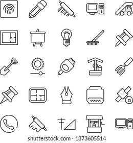 Thin Line Icon Set - ladder car vector, presentation board, bulb, garden fork, shovel, rake, well, satellite, hdmi, brightness, fingerprint id, cellular signal, drawing pin, ink pen, pencil, plan