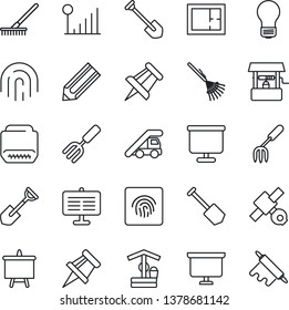 Thin Line Icon Set - ladder car vector, presentation board, drawing pin, bulb, job, pencil, garden fork, shovel, rake, well, satellite, hdmi, fingerprint id, cellular signal, plan, rolling