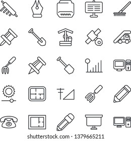 Thin Line Icon Set - ladder car vector, presentation board, drawing pin, job, pencil, garden fork, rake, well, satellite, hdmi, brightness, cellular signal, ink pen, plan, phone, rolling, pc