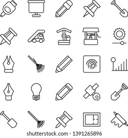 Thin Line Icon Set - ladder car vector, drawing pin, bulb, job, pencil, shovel, rake, well, satellite, hdmi, brightness, fingerprint id, cellular signal, presentation board, ink pen, plan, rolling