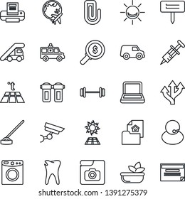Thin Line Icon Set - ladder car vector, plane globe, hoe, plant label, syringe, ambulance, barbell, caries, route, support, photo gallery, paper clip, printer, notebook pc, estate document, salad