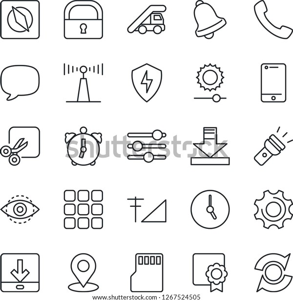 Thin Line Icon Set - ladder car vector, antenna,\
cell phone, call, menu, message, protect, settings, tuning, clock,\
alarm, bell, sd, download, torch, brightness, cut, place tag,\
compass, lock