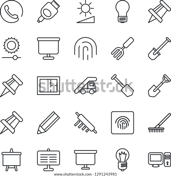 Thin Line Icon Set -\
ladder car vector, presentation board, drawing pin, bulb, job,\
garden fork, shovel, rake, hdmi, brightness, fingerprint id,\
pencil, plan, phone, rolling,\
pc