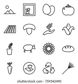 Thin line icon set : landscape, flower in window, eggs, tomato, field, mushroom, harvest, corn, seedling, sheep, bread, carrot, ecology, recycling, rake