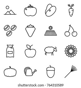 Thin line icon set : landscape, tomato, beans, carrot, coffee seeds, berry, field, cherry, flour, apple, sheep, flower, pumpkin, watering can, acorn, rake