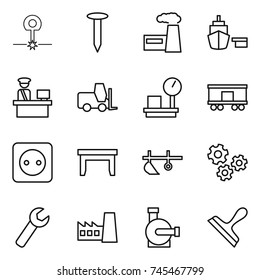 thin line icon set : laser, nail, factory, port, customs control, fork loader, warehouse scales, railroad shipping, power socket, table, plow, gears, wrench, water pump, scraper