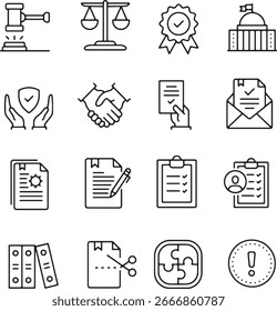 Thin Line Icon Set für die Einhaltung von Gesetzen Gerechtigkeit Gerichtsverhandlung Vertrag Dokumente Handshake Genehmigung Gesetzgebung Governance Zertifikat Policy Verordnung . Pixel perfekte Symbole editierbare Strich.