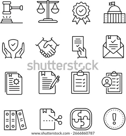 Thin line icon set for law compliance justice legal court agreement contract documents handshake approval legislation governance certificate policy regulation . Pixel perfect icons editable stroke.