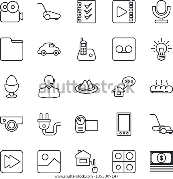 Thin Line Icon Set - lawn mower vector, car delivery,\
video camera, microphone, radio phone, fast forward, mobile,\
gallery, record, folder, application, support, checklist,\
serviette, egg stand, web