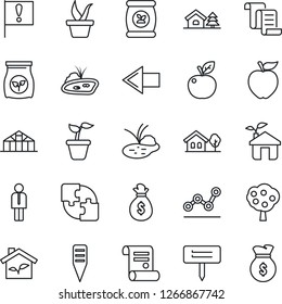 Thin Line Icon Set - left arrow vector, manager, contract, seedling, plant label, greenhouse, pond, fertilizer, important flag, application, point graph, house with tree, fruit, apple, eco