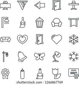 Thin Line Icon Set - left arrow vector, butterfly, garden light, heart, tulip, themes, bell, sertificate, desk lamp, cushioned furniture, restaurant table, candle, snowflake, outdoor, door, pennon