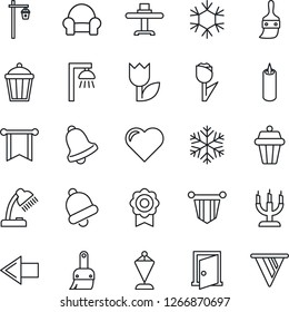 Thin Line Icon Set - left arrow vector, pennant, garden light, heart, tulip, themes, bell, sertificate, desk lamp, cushioned furniture, restaurant table, candle, snowflake, outdoor, door, pennon