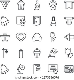 Thin Line Icon Set - left arrow vector, pennant, garden light, heart, tulip, themes, bell, sertificate, desk lamp, cushioned furniture, restaurant table, candle, outdoor, door, pennon, certificate