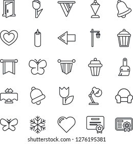 Thin Line Icon Set - left arrow vector, pennant, butterfly, garden light, heart, tulip, themes, bell, desk lamp, cushioned furniture, restaurant table, candle, snowflake, outdoor, door, pennon