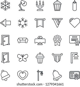 Thin Line Icon Set - left arrow vector, pennant, butterfly, garden light, heart, bell, sertificate, desk lamp, cushioned furniture, restaurant table, candle, snowflake, outdoor, door, pennon
