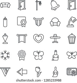 Thin Line Icon Set - left arrow vector, pennant, butterfly, garden light, heart, tulip, themes, bell, sertificate, desk lamp, cushioned furniture, restaurant table, candle, snowflake, door, pennon