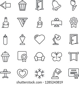Thin Line Icon Set - left arrow vector, pennant, butterfly, garden light, heart, tulip, themes, bell, sertificate, desk lamp, cushioned furniture, restaurant table, candle, snowflake, outdoor, door